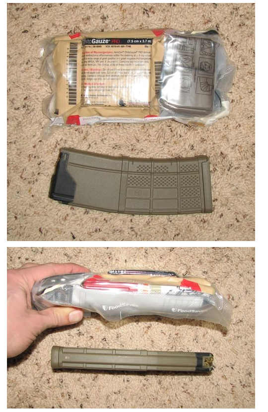 Picture of Sua Sponte's DIY IFAK showing size compared to AR15 magazine.